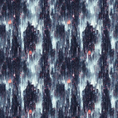 Seamless cyberpunk cityscape pattern with dark building silhouettes, red windows and blue fog. Contemporary art - abstract urban landscape.