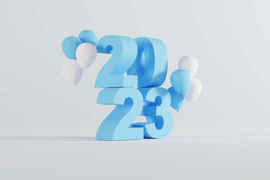 The number 2023, the new year. New Year, Happy New Year concept. Blue number 2023 on a light background. 3D render, 3D illustration.