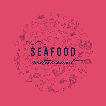 Seafood background for fish restaurant in magenta colors. Vector illustration in hand drawn style