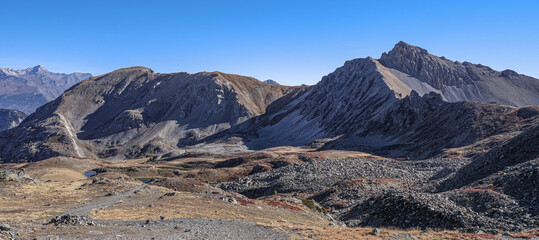 View from Col de Granon (2,413 m) - Col l'Oule (2,546 m) hike with Roche Gauthier (2,749 m) summit, Hautes-Alpes department, near Briancon, Fraance