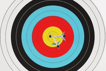 Target with embedded arrows. Archery target on a light background. The concept of fulfilling the goal, striving to implement plans. 3D render, 3D illustration.