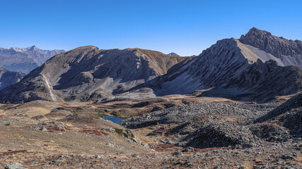 View from Col de Granon (2,413 m) - Col l'Oule (2,546 m) hike with Roche Gauthier (2,749 m) summit, Hautes-Alpes department, near Briancon, Fraance