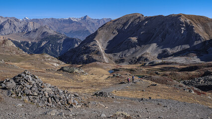 View from Col de Granon (2,413 m) - Col l'Oule (2,546 m) hike with Roche Gauthier (2,749 m) summit, Hautes-Alpes department, near Briancon, Fraance