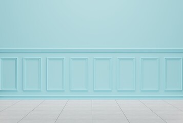 Blue decorative wall, room interior. Product placement concept, beautiful empty wall with decorative pattern, panel. 3D render; 3D illustration.