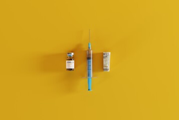 A syringe, a COVID vaccine and a rolled up banknote. Health and medical care concept, taking covid vaccine, making money from coronavirus. 3D render; 3D illustration.