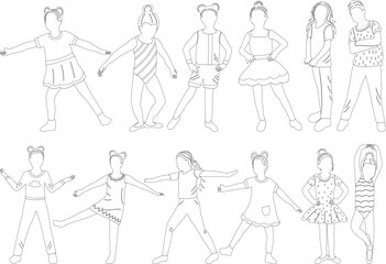 set of dancing kids doodle sketch ,outline isolated vector