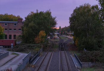 View of the train station and rails from above. train tracks and sunset view. Railroads and means of transport. Gronau, Germany

