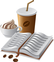 Vector illustration of hot coffee with a book, on a white background