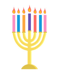 Hunukkah menorah icon vector illustration isolated on white background Golden menora sticker with 7 bright colorful tall thick candles. Vector illustration in flat style 