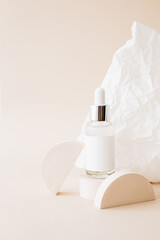 Fototapeta na wymiar mockup of cosmetic bottle lotion makeup product with skin care concept on beige background 