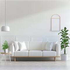 Empty living room with sofa have plants and table on empty white wall background.3D rendering