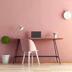 Home office. Interior mockup. Wooden desk near empty pink wall. 3d render.