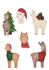 Zestaw świątecznych rysunków ze zwierzętami, świąteczne alpaki, boże narodzenie, rysunki zwierzątek dla dzieci, słodkie alpaki, lamy - 547005293
