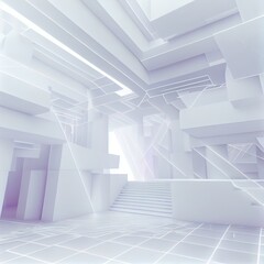 abstract architectural interior with white sculpture and geometric gradient glass lines. 3D illustration and rendering