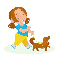 A girl walks with a cheerful dog. A child with a pet. Fluffy animals in cartoon style. Vector illustration isolated on white background.