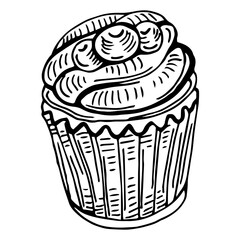 Hand drawn illustration of tasty cupcake. Vector illustration. Sketch cupcake