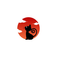 vector illustration of a cat with a sunset background for an icon, symbol or logo. cat flat logo