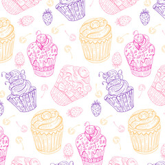 sweet pink fairy cupcakes  on white background. Seamless pattern. Texture for fabric, wrapping, wallpaper. Decorative print.