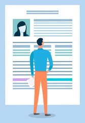 Man stand alone and explore card newspaper sheet. Notepad with document, information. Person look at health or medical insurance map and read it. Vector illustration of paper file in flat style