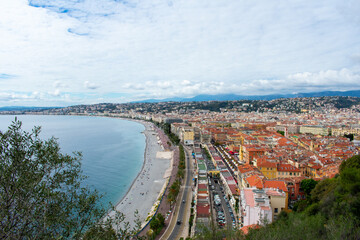 Nice, France Aerial view of coast of sea and city.  Buildings in old Town , Drone view 