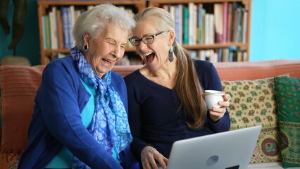 Laughing and smiling elderly mother and mature woman sitting on the sofa and shopping online on a laptop computer.