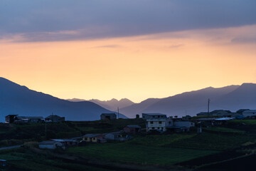 Magical purple and pink sunrise or sunset in the mountains