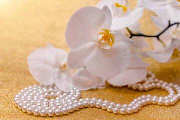 Naklejka na ściany i meble white Orchid and pearl necklace on a shiny gold background 