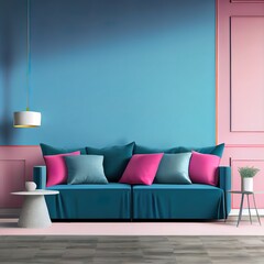 Living room with a large blue sofa and bright pink and coral cushions pillow. Lounge area in the home. Modern interior design mockup for art. Empty gray wall template. 3d rendering