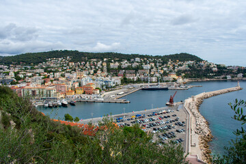 Nice, France Aerial view of coast of sea and city.  Buildings in old Town , Drone view 