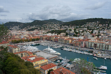 Naklejka na ściany i meble Yachts and boats in Marina in Nice, France. Aerial view 