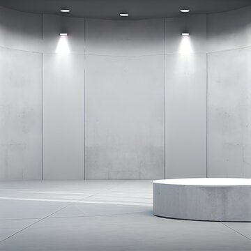 Abstract interior design 3D rendering of modern showroom. Empty floor and white podium with concrete wall background.