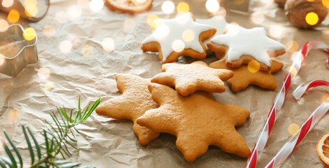 Tasty Christmas cookies on table