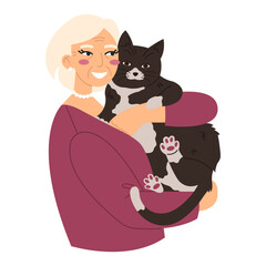 Old woman hugs a cat. Smiling senior woman loves her pet. Happy Mew Year for Cats Day.