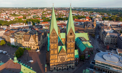 Bremen, Germany. Aerial View on Historical Center of Bremen, Marktplatz at Sunrise.