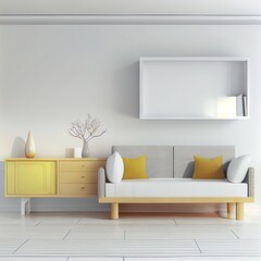 Interior wall mockup with sofa and cabinet in living room with empty white wall background.3D rendering
