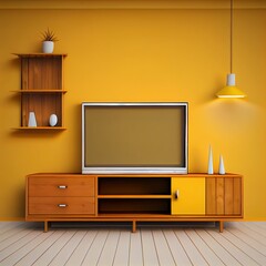 TV room in yellow wall background,Modern living room decor with a tv wooden cabinet.3D rendering