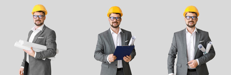 Set of male engineer on light background