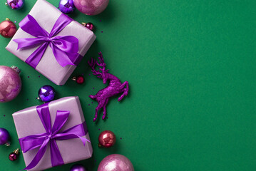 New Year concept. Top view photo of lilac present boxes with purple ribbon bows pink violet baubles...