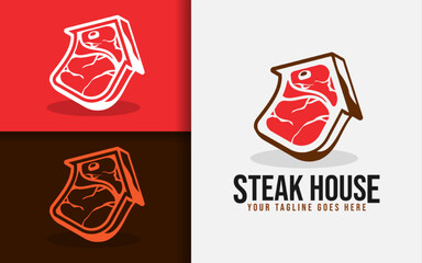 Steak House Logo Design. Creative Steak Meat Combined with House Shape Concept. Food Vector Logo Illustration.