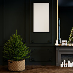 Christmastime living room interior. Black wooden wallpaper in the interior. Christmas background. Mock up of the picture. 3d rendering.