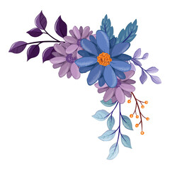 blue purple flower arrangement watercolor illustration