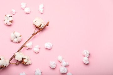 Soft cotton wool and flowers on pink background
