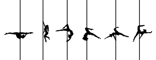 Pole dancer silhouette set. Pole dance, pole sport, woman on pole acrobatic set. Vector poses on white background. 