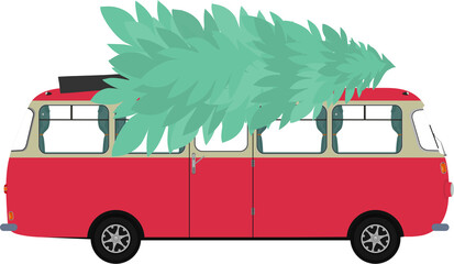 Cartoon bus with a Christmas tree on the roof.