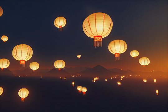 Chinese lanterns are created from bamboo and rice paper and are flown during the Lantern Festival at Chinese New Year. 3D illustration for festive holiday background.