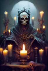 A skeleton king in a gothic scene.