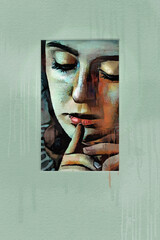 A woman looks pensive with finger to her lips in this digital watercolor painting that is a 3-d illustration.