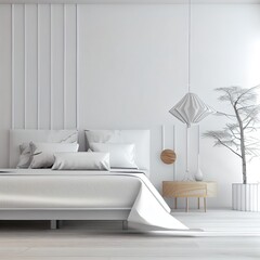Modern white bedroom interior close up with minimal decor, 3d render