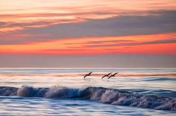 Long exposure of strong sea waves with pelicans flying above them at sunset in Santa Barbara