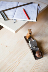 Joiner's (carpenter's) tools and notebook.